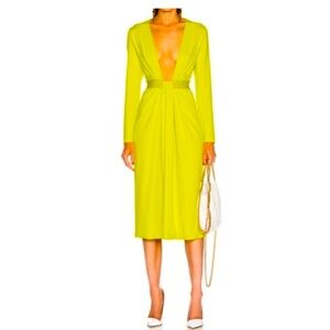 Deep V-Neck Long Sleeve Midi Dress in Chartreuse
